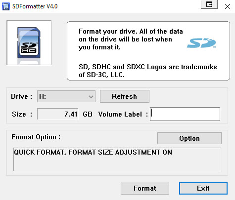 SD Formatter screen